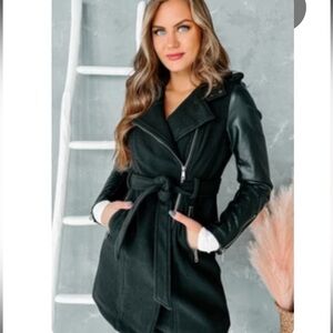 Women's Black Belted Vegan Leather Jacket